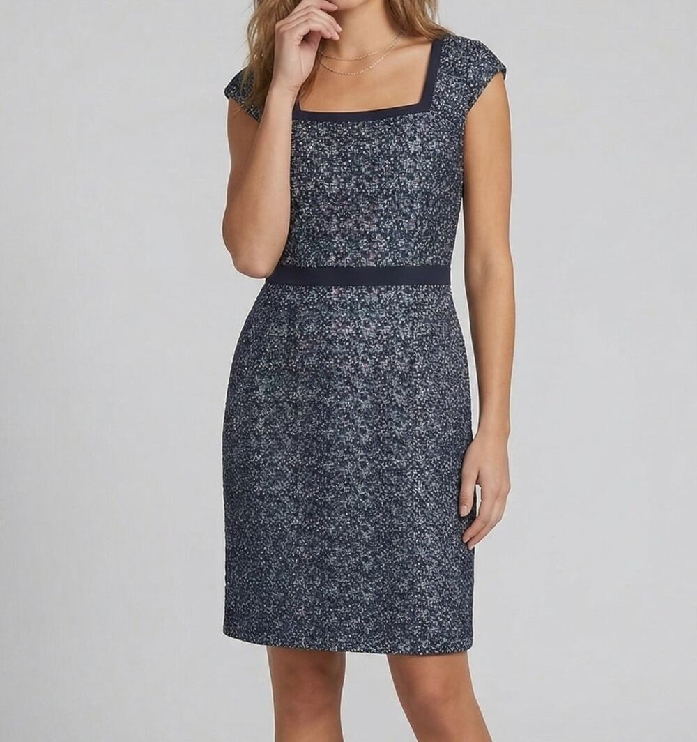 Ann Taylor Cap Sleeve Size 6 Dress Navy Blue Lace Overlay White Lining Sheath
